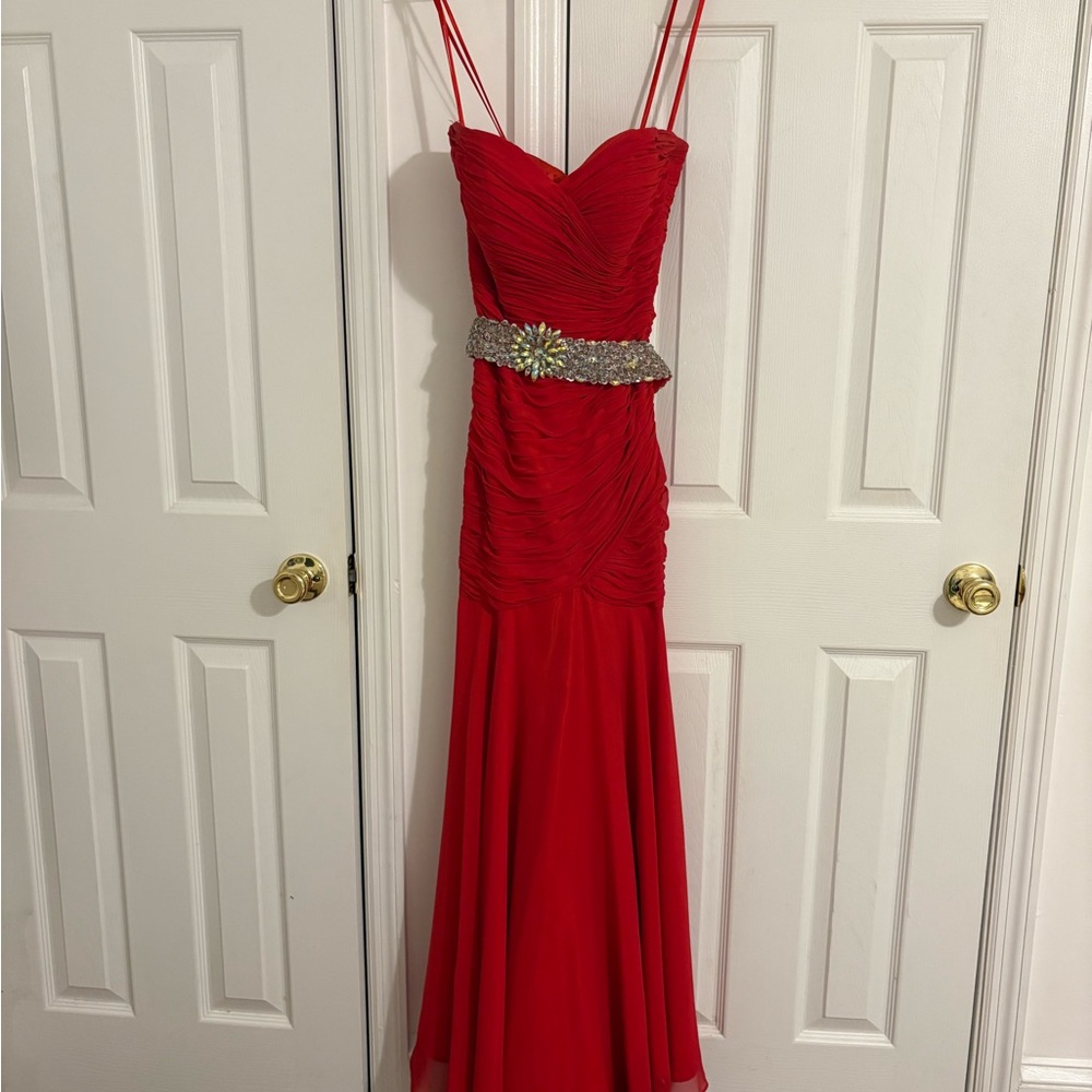 Landau Strapless Red Gown with Silver Embellished Belt